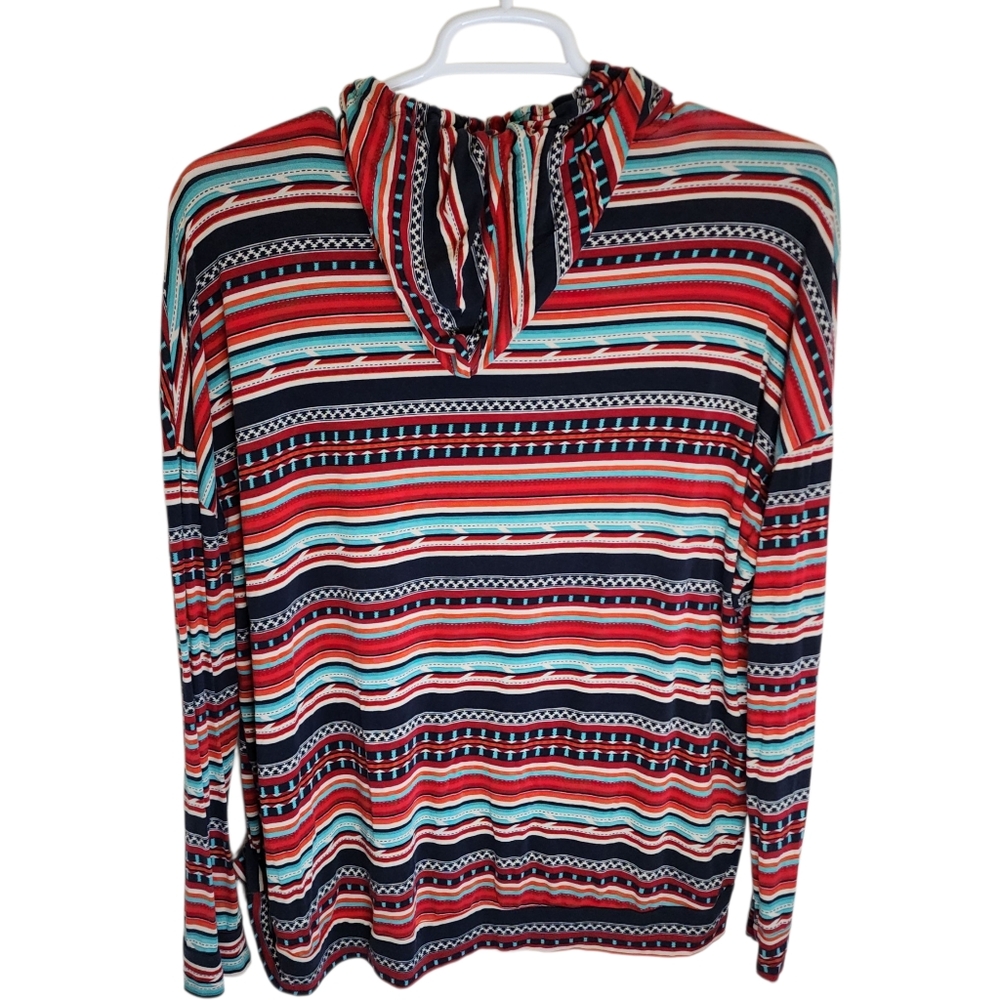 Rock & Roll Denim Aztec Red Blue Striped Loghtweight Hooded Pullover Size XL - Picture 4 of 10